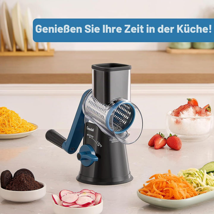 Geedel Käsereibe, Reibe für Gemüse, Gemüseschneider Trommelreibe mit kurbel | 5 Edelstahlklingen, 12