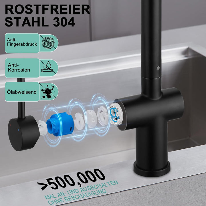 Küchenarmatur mit Brause Ausziehbar, Hochdruck Wasserhahn Küche Schwarz mit Zwei Wasserstrahlarten,