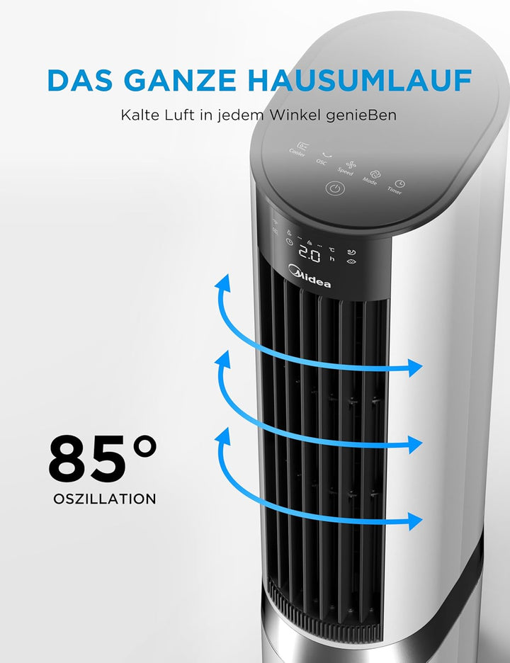 Midea Luftkühler mit Wasserkühlung, Klimaanlage mobil mit 7L Wassertank, 2000m³/h Luftstrom, Sensico