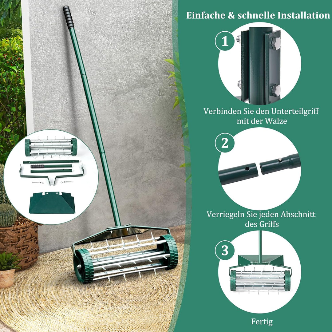 COSTWAY Rasenlüfter Walze, Rasenrolle mit Stiel & 3cm Nägeln & Spritzschutz, Handvertikutierer rolle
