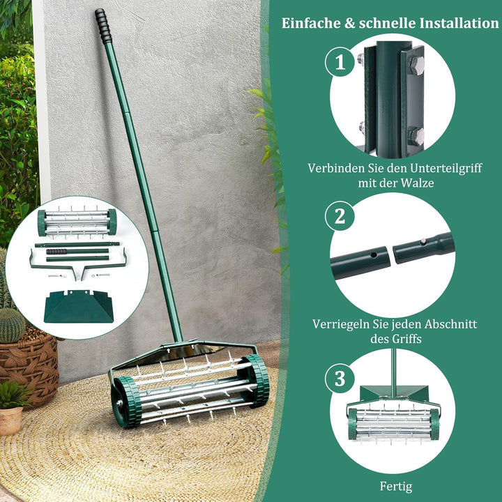 COSTWAY Rasenlüfter Walze, Rasenrolle mit Stiel & 3cm Nägeln & Spritzschutz, Handvertikutierer rolle