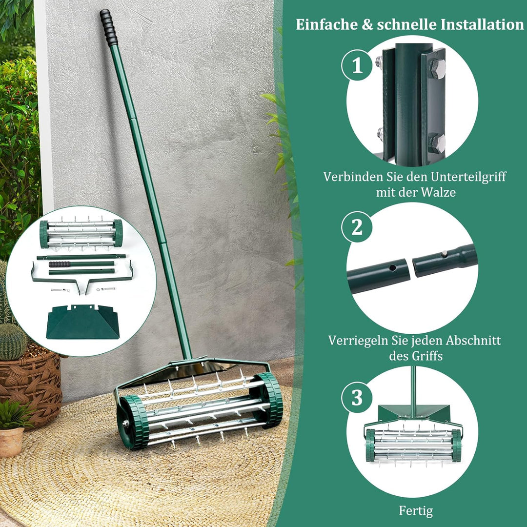 COSTWAY Rasenlüfter Walze, Rasenrolle mit Stiel & 3cm Nägeln & Spritzschutz, Handvertikutierer rolle