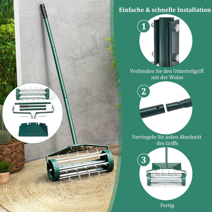 COSTWAY Rasenlüfter Walze, Rasenrolle mit Stiel & 3cm Nägeln & Spritzschutz, Handvertikutierer rolle