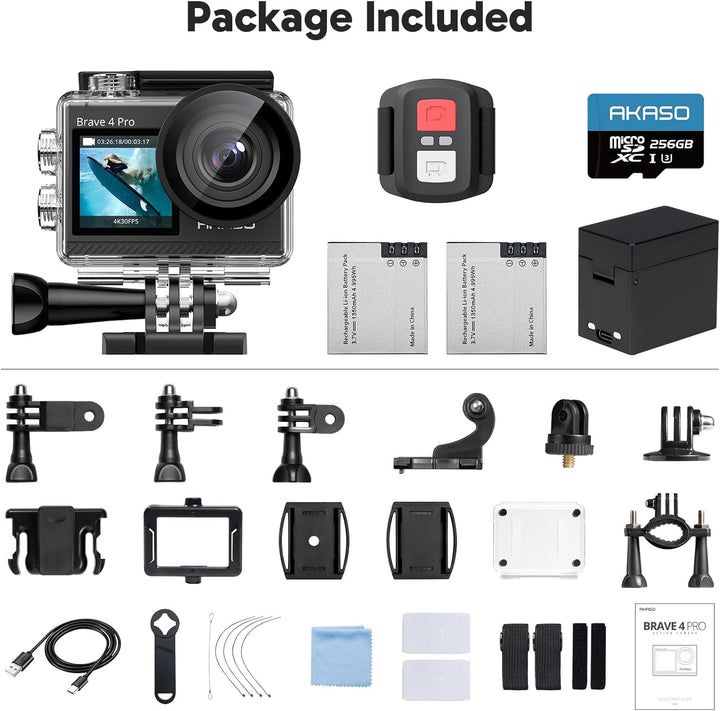 AKASO Brave 4 Pro Action Cam 4K 40M mit U3-Speicherkarte 256 GB, Kamera 20 MP WiFi 170 ° Weitwinkel