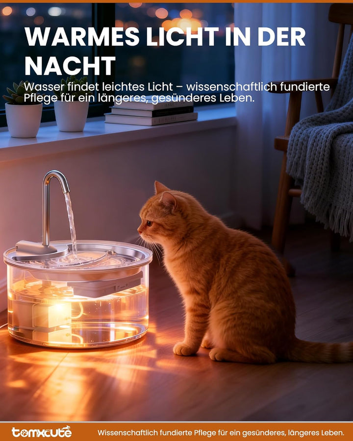 Tomxcute Katzenbrunnen Glas 2,5L – Trinkbrunnen Katze leise, für 1–2 Katzen, Stufen-Design, warmes L