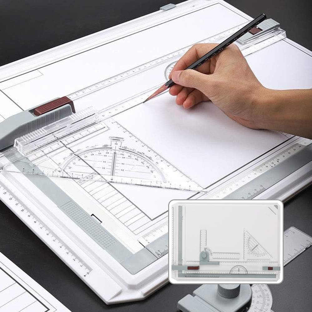 Queiting Zeichenplatte A3 Zeichenbrett Professioneller Zeichentisch mit Schiebelineal Zeichendreieck