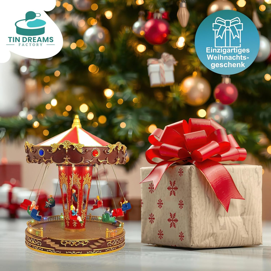 TIN DREAMS FACTORY Weihnachtsdorf mit Beleuchtung und Musik, Led-Karussell Weihnachten, Karussell Sp