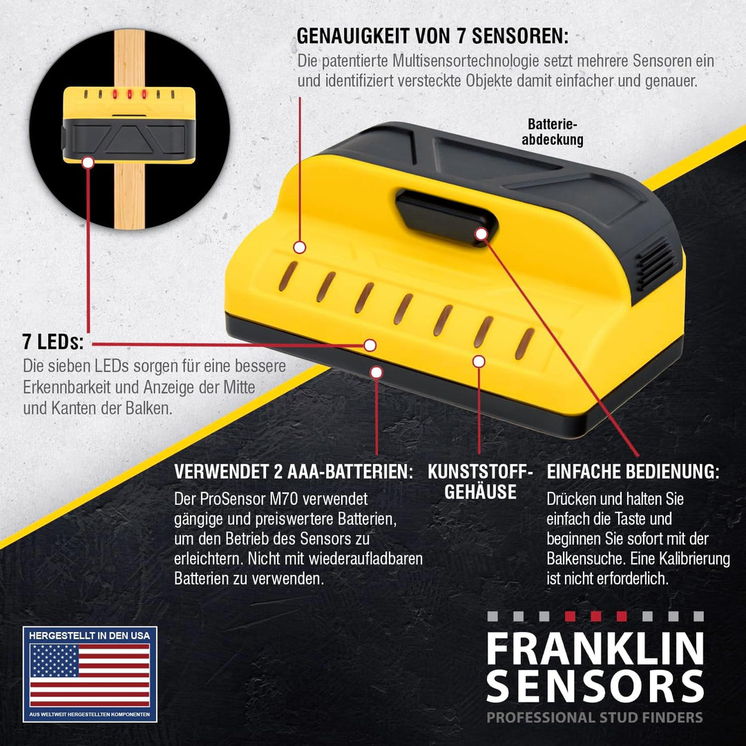 Franklin Sensors ProSensor M70 Profi Bolzenfinder mit 7 Sensoren für höchste Genauigkeit, erkennt Ho