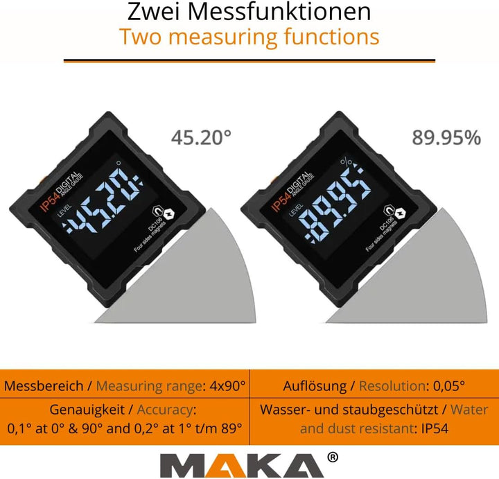 MAKA Digitale Neigungsmesser - Genauigkeit von 0,1° bis 0,2° - Magneten auf allen Seiten - Helles LC