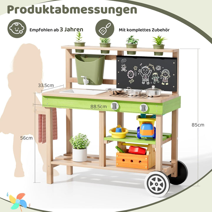 MAMIZO Matschküche Kinder Outdoor aus Holz, Tannenholz, mit Rädern Wassertank Spüle Wasserhahn Pflan