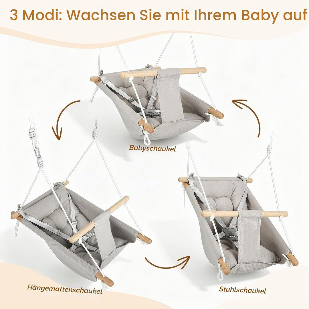 Babyschaukel 3 in 1, Holz-Hängeschaukelsitz mit Sicherheitsgurt und Baumwollkissen, Einstellbar Baby