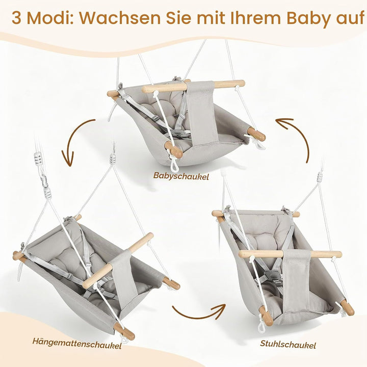 Babyschaukel 3 in 1, Holz-Hängeschaukelsitz mit Sicherheitsgurt und Baumwollkissen, Einstellbar Baby
