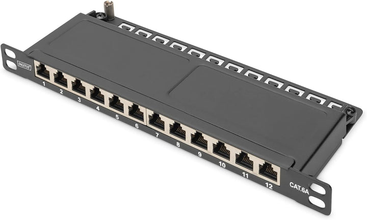 DIGITUS Cat-6A Patchpanel - 12 Ports - RJ45-Buchsen - 10-Zoll Rack-Mount 0.5HE - LSA Verteilerfeld -