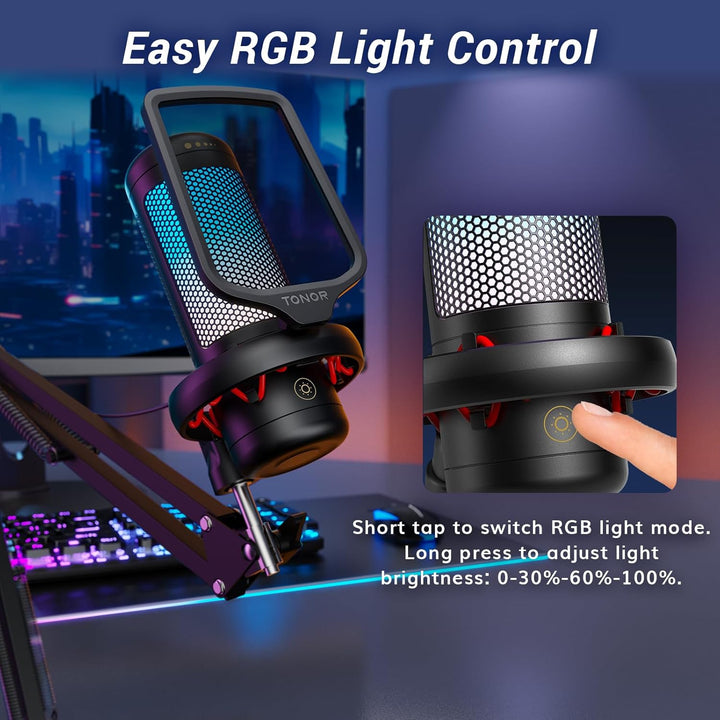 TONOR RGB Gaming Mikrofon PC Set Heilligkeit Verstellbar, USB Microphone mit Mikrofonarm für Compute