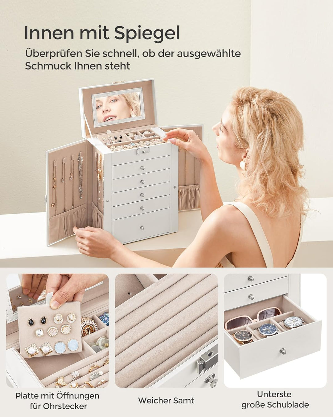 SONGMICS Schmuckkasten, grosse Schmuckschatulle mit 6 Ebenen, Schmuckkästchen mit seitlichen Klapptü