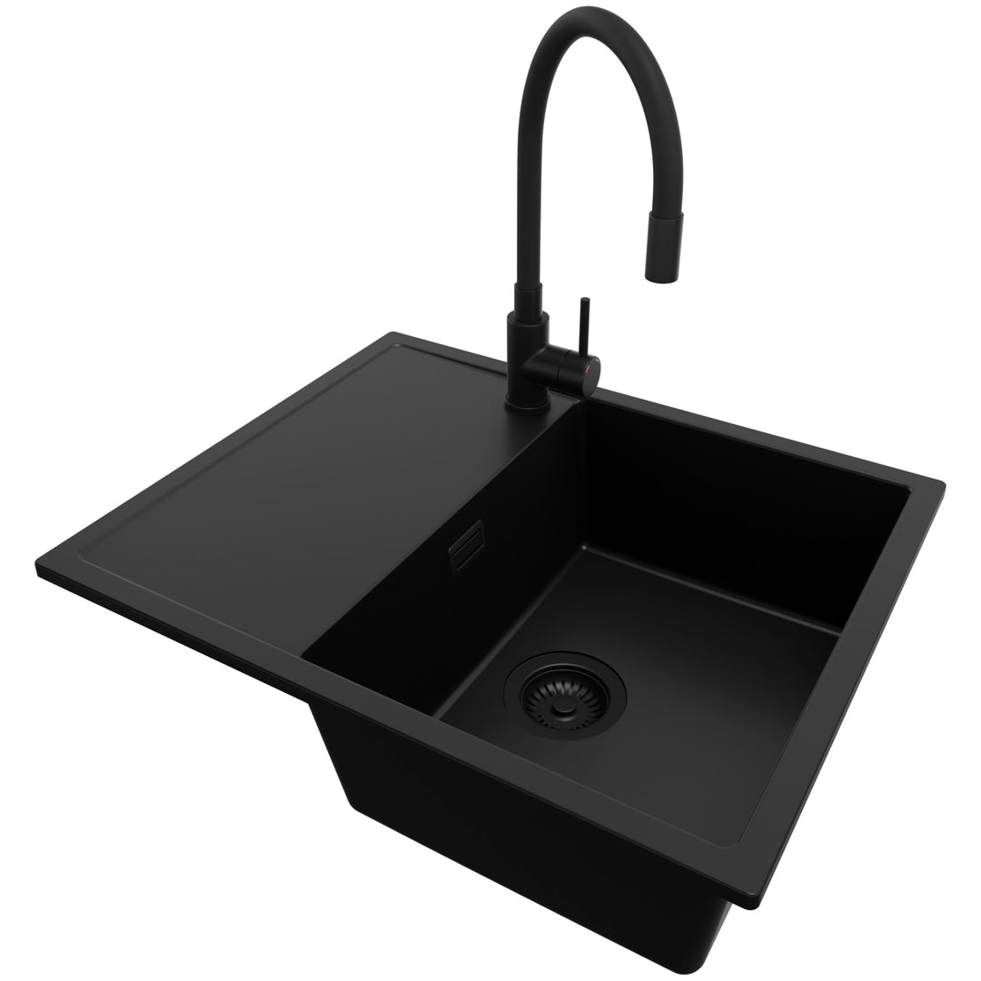 PRIMAGRAN Granitspüle Alles Schwarz 62x50cm, Spülbecken 1 Becken + Küchenarmatur 40x38cm + Ablauf-Se
