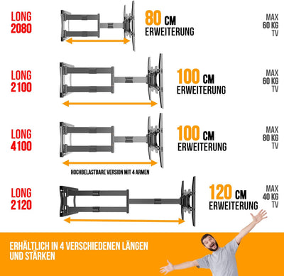 Nanook 2080 Langarm-TV-Wandhalterung für 32-75 Zoll Fernseher, Extra Langer Auszug bis zu 80 cm, Sta