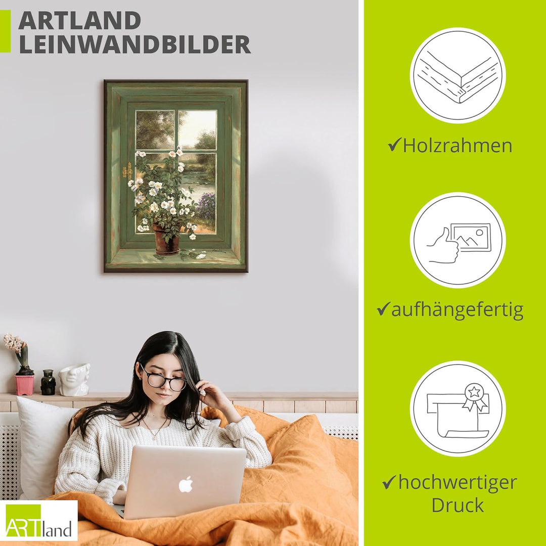 Artland Leinwandbild Wandbild Bild auf Leinwand 60x80 cm Wanddeko Fensterblick Fenster Natur Landsch