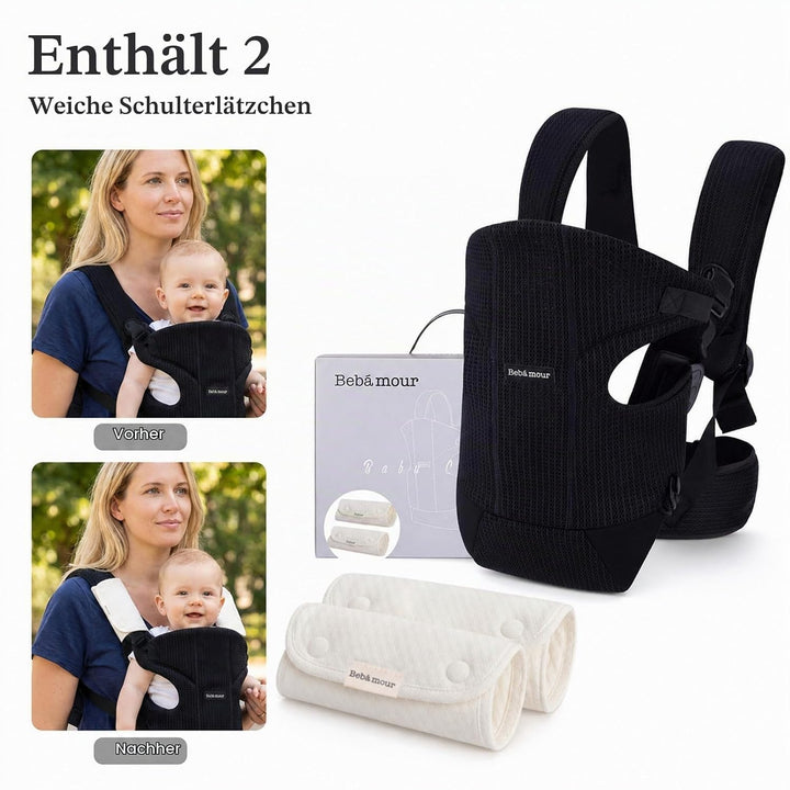 Bebamour Babytrage Vorder und Rückentrage mit 2 Schulterlätzchen, Black, Black