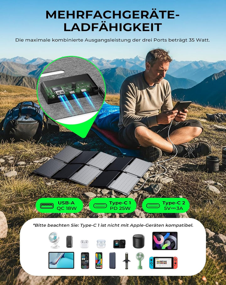 BigBlue Tragbarer 35W Tragbar Solar Ladegerät mit Schnellladung USB-A und PD 25W USB-C für Camping u
