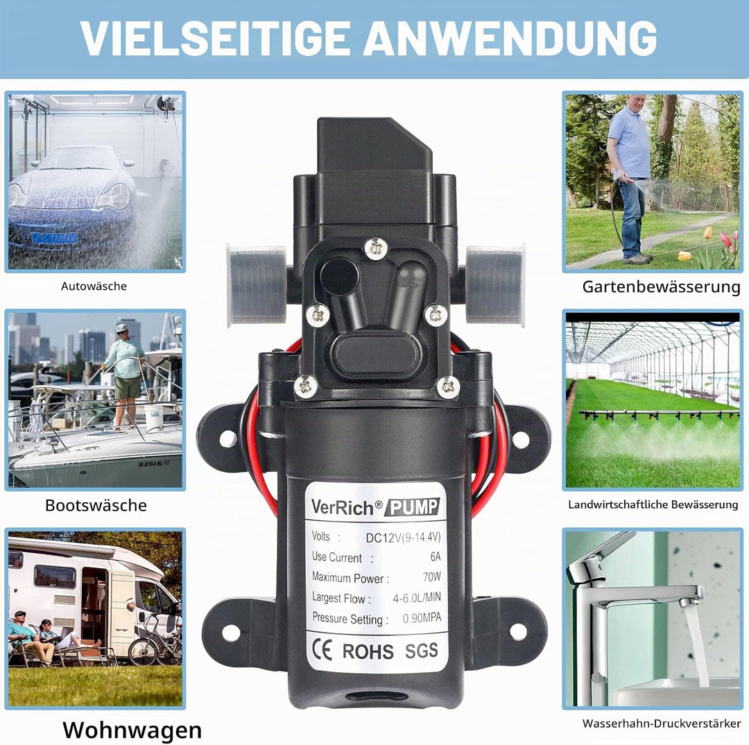 VerRich Membranpumpe, 12V Wasserpumpen 70W Selbstansaugende Pumpe 6 L/Min 0.9MPA 131 PSI mit Drucksc