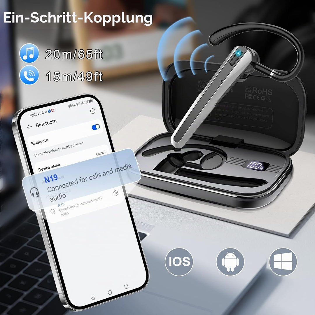 V5.3 Bluetooth Headset, Headset Kabellos Freisprech mit ENC Dual Geräuschunterdrückung Mic, 120 Std