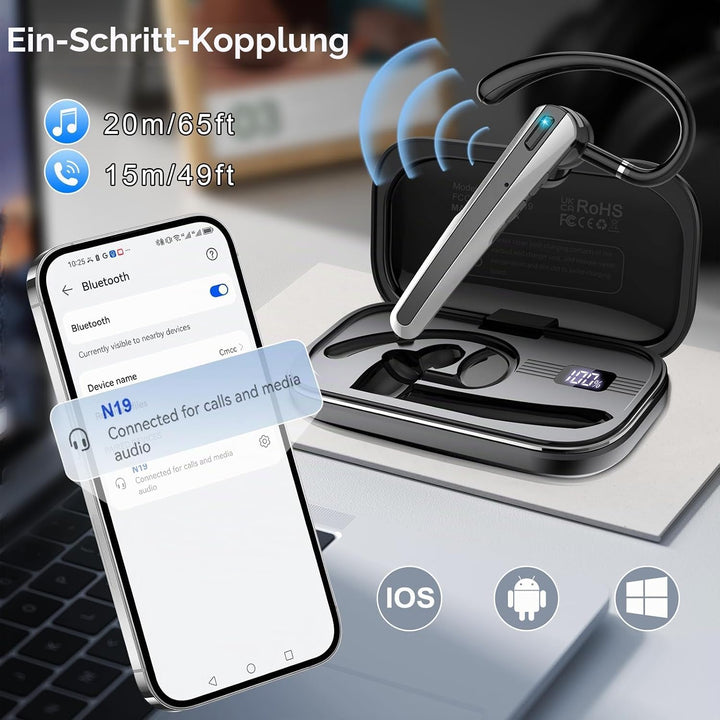 V5.3 Bluetooth Headset, Headset Kabellos Freisprech mit ENC Dual Geräuschunterdrückung Mic, 120 Std