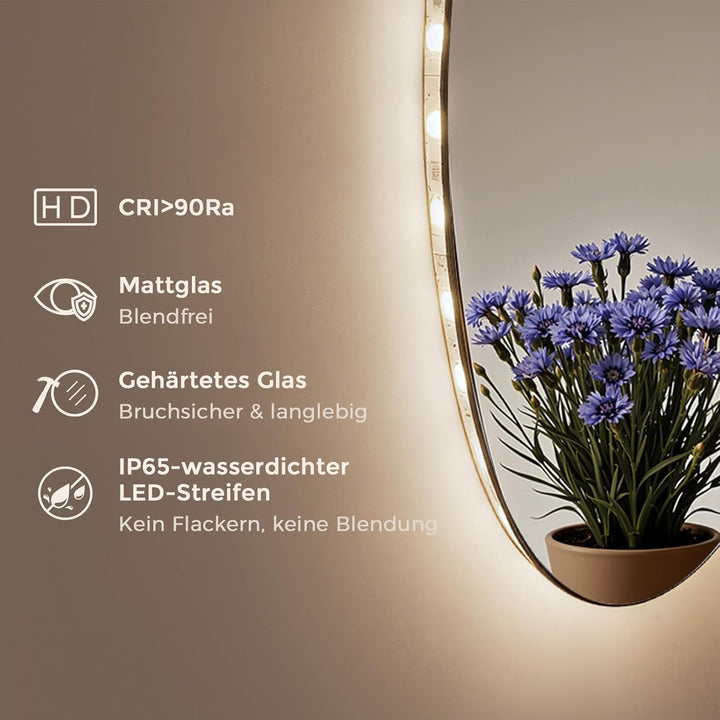 S'AFIELINA Badspiegel mit Beleuchtung Rund 50cm LED Badspiegel mit Touchschalter Badezimmerspiegel R