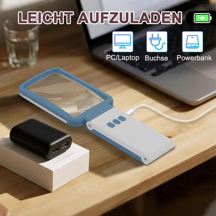 10X Lupe mit Licht und Ständer, Echtglaslinse Leselupe, Wiederaufladbare, Faltbare Grosse Handlupe,