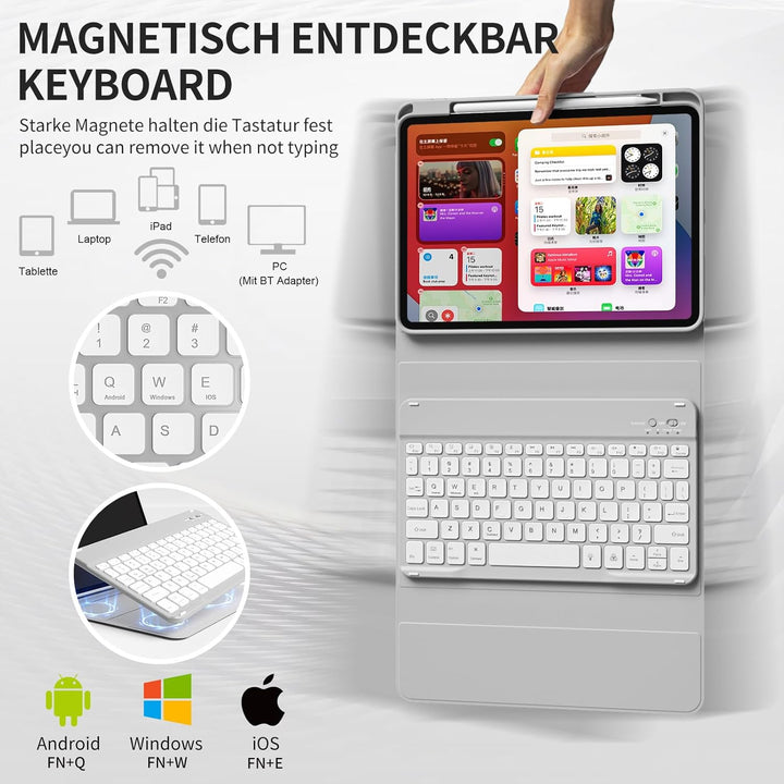 Hülle mit Tastatur für iPad A16 11/10 Generation (2025/2022, 11/10.9 Zoll) mit Stifthalter, Magnetis