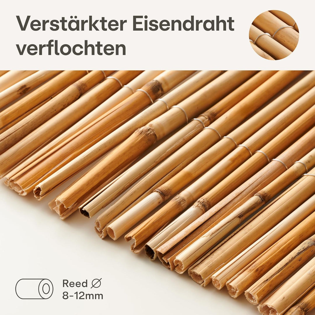 Praknu Schilf Balkon Sichtschutz Holz 100 x 300cm - FSC® Zertifiziertes Natürliches Schilf - Einsetz