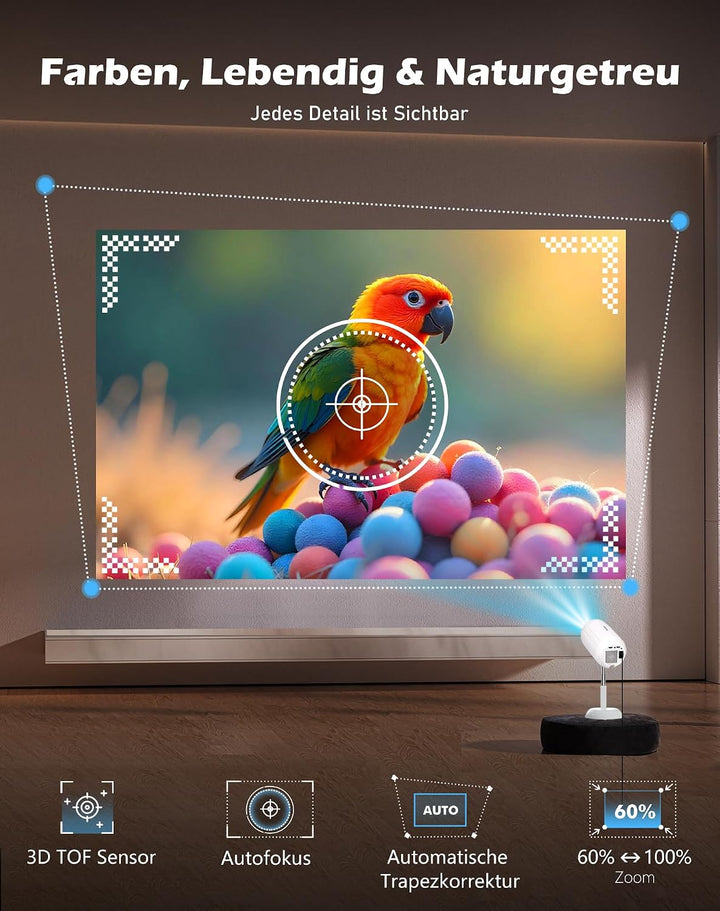VGKE Mini Beamer mit Android-App, 3D TOF-Autofokus, Automatische Trapezkorrektur, 16000 Lumen Full H