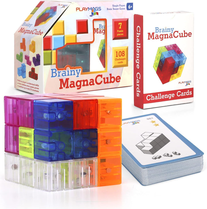 Playmags Brainy Cube mit Brainy Cube Challenge Cards, Bausteine für kreatives offenes Spiel, pädag
