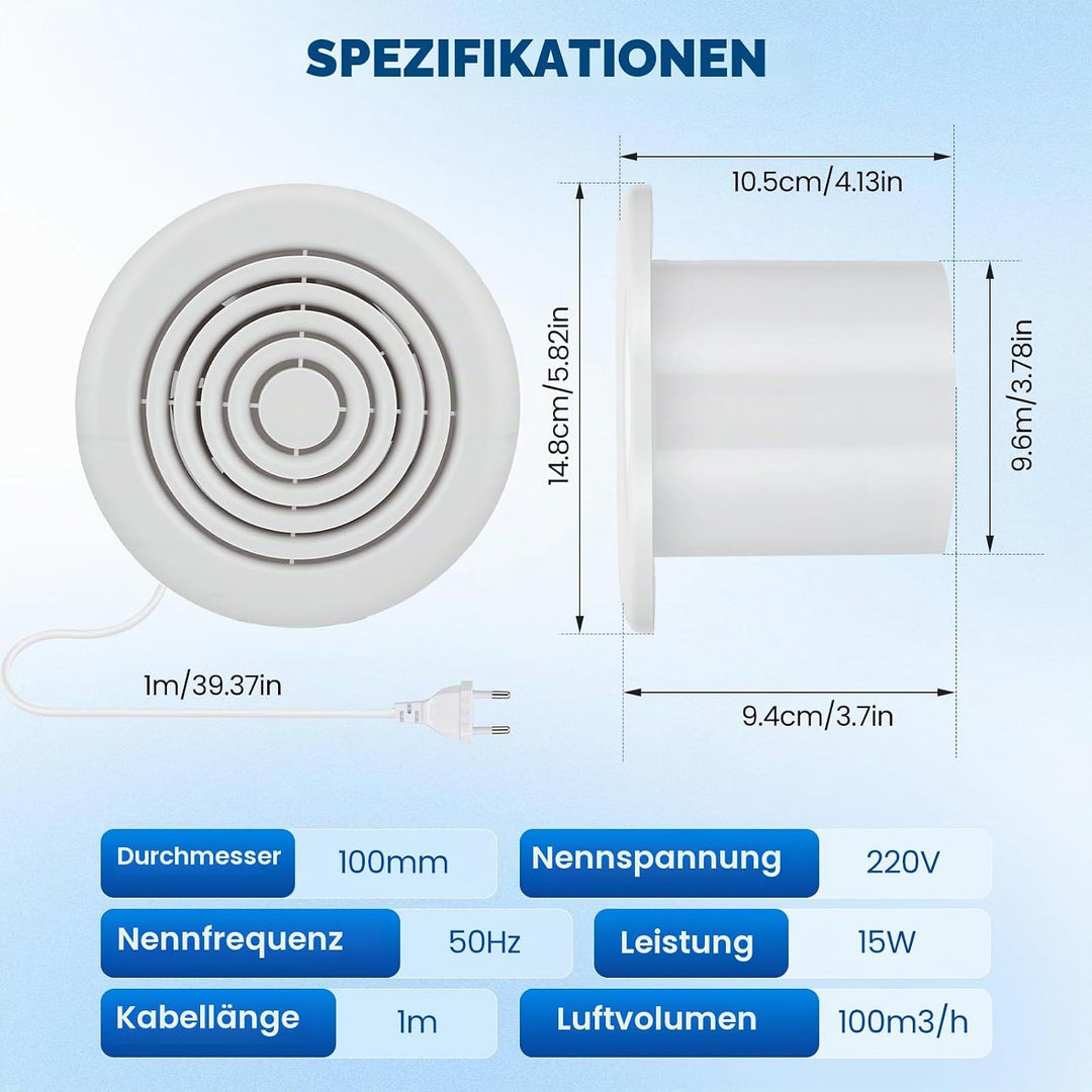 Badlüfter 100mm,2 Richtungen,3 Geschwindigkeiten,100M³/H,Ipx4 Waterproof,Mit Fernbedienung,15W Leise