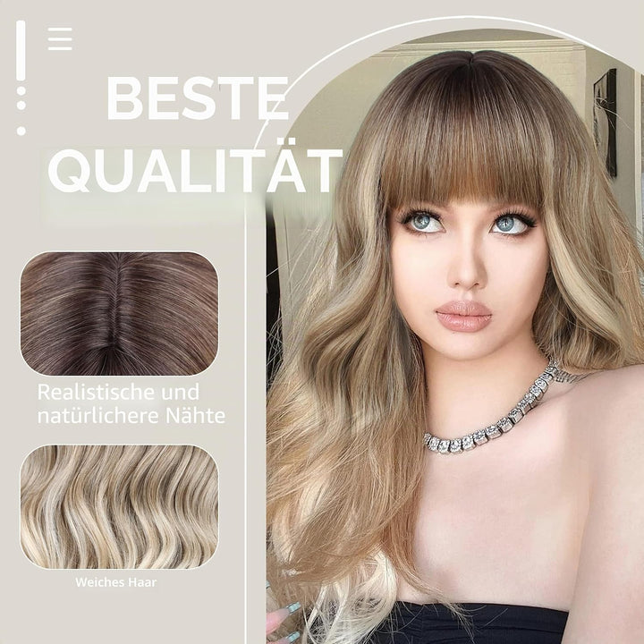 FAELBATY Perücke mit langen Locken blonde Perücke mit Pony Ombre dunkelbraun bis blonde Perücke für