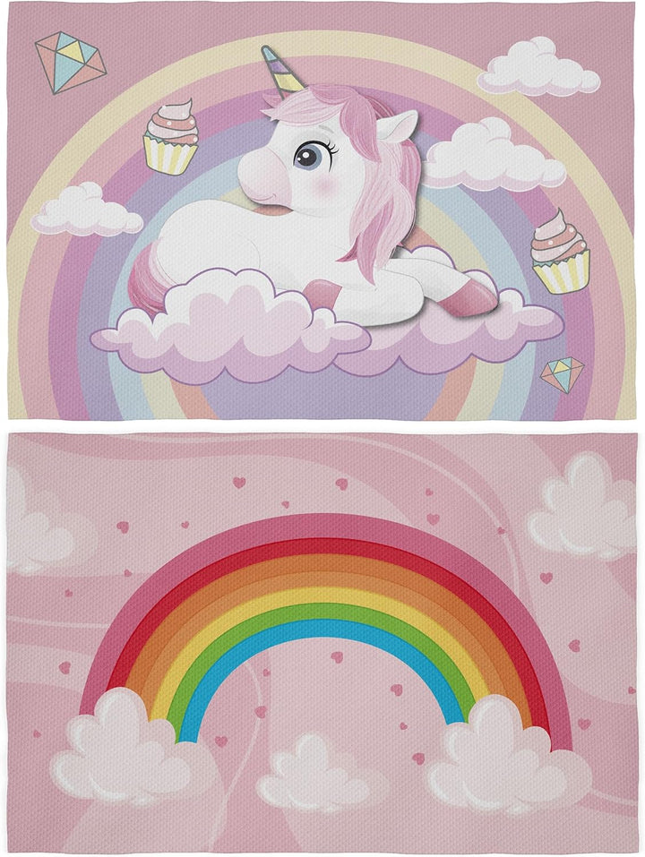 Tischsets für Snacks, Schule, Mädchen, 30 x 45 cm, Tischset aus Stoff, für Mädchen Einhorn und Regen