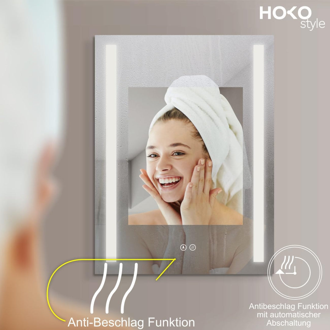 HOKO® LED Badspiegel 60x80 cm BORKUM mit ANTIBESCHLAG SPIEGELHEIZUNG. Design Badezimmerspiegel LED b