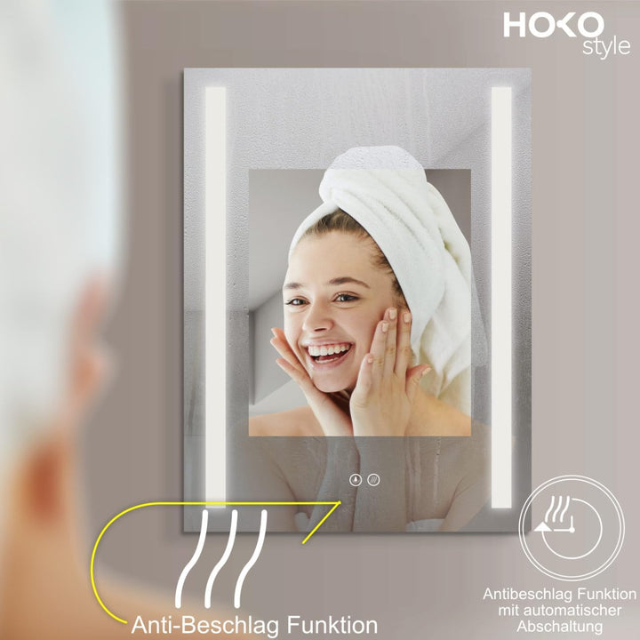 HOKO® LED Badspiegel 60x80 cm BORKUM mit ANTIBESCHLAG SPIEGELHEIZUNG. Design Badezimmerspiegel LED b