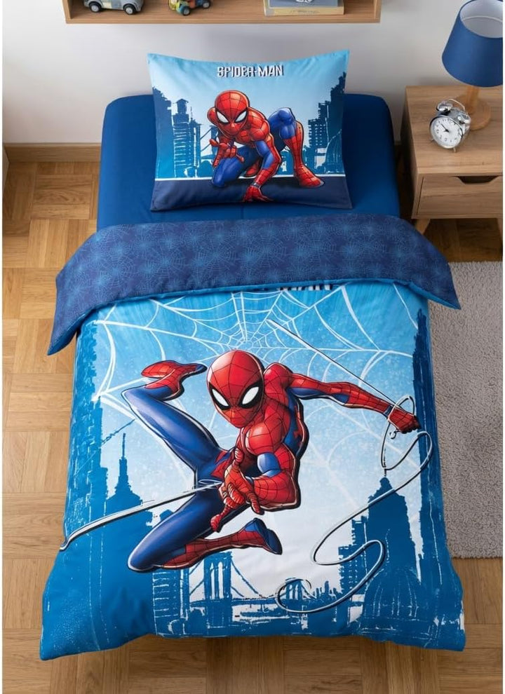 Jerry Fabrics Kinder Bettwäsche Set Wendebettwäsche Spider-Man City Spinnen Netze blau, Bezug Bettde