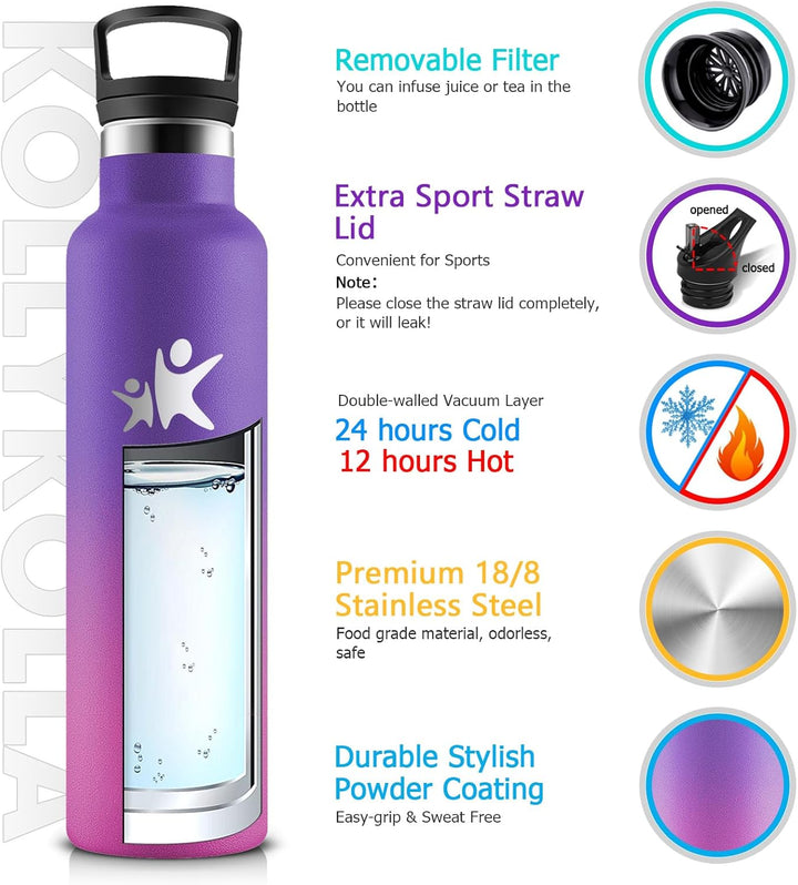 KollyKolla Trinkflasche Edelstahl 750ml, Thermoskanne BPA-Frei, Auslaufsichere Isolierflasche Doppel