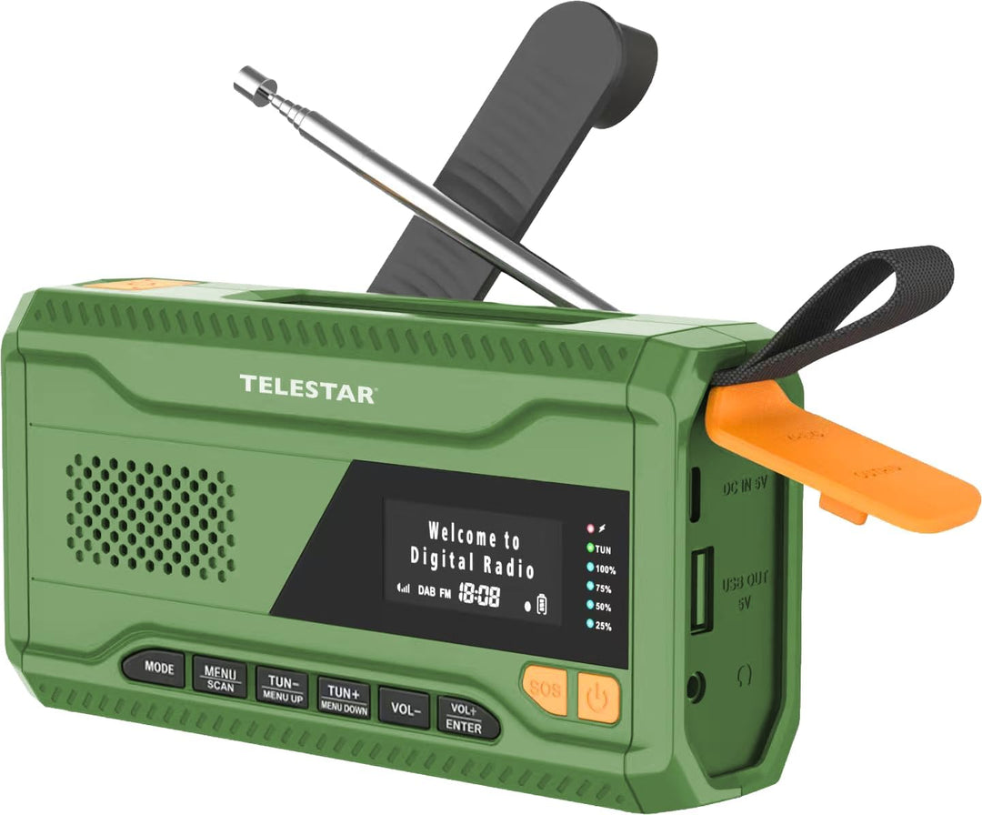 TELESTAR TOP NR 5 – Notfallradio (Kompaktes Kurbelradio, 4.000 mAh Akku, Solarpanel, Powerbankfunkti