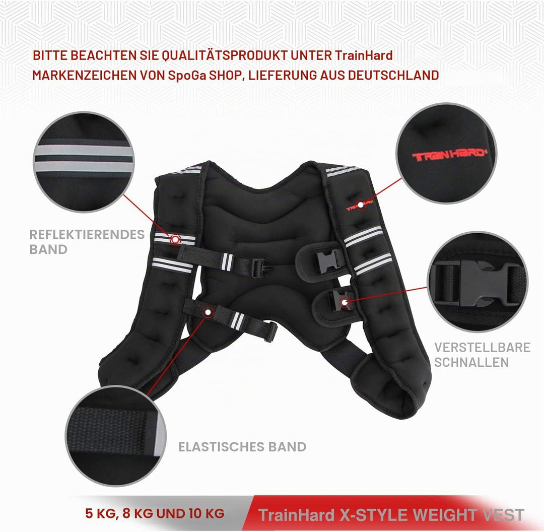 TrainHard 5 KG / 8 KG / 10 KG Gewichtsweste, X-Style Laufweste, Trainingsweste für Krafttraining, La