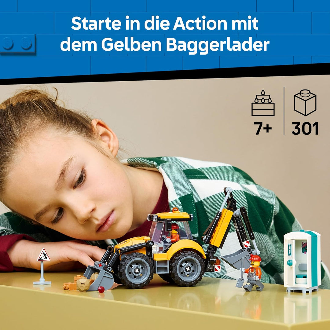 LEGO City Gelber Baggerlader - Baufahrzeug Spielzeug - Traktor mit 2 Minifiguren, funktionierender F