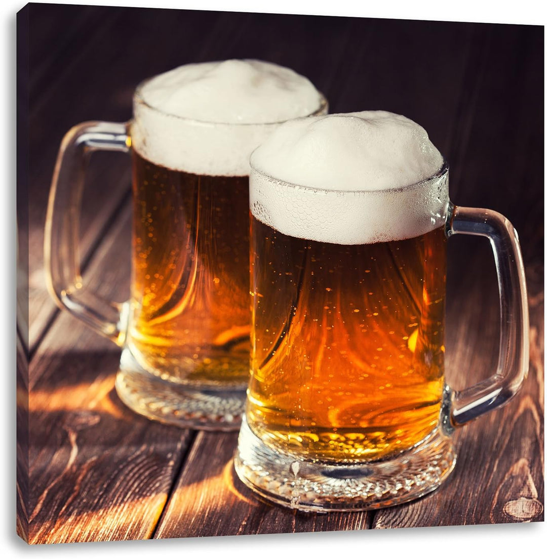 Zwei Masskrüge Bier, Format: 70x70 auf Leinwand, XXL riesige Bilder fertig gerahmt mit Keilrahmen, K