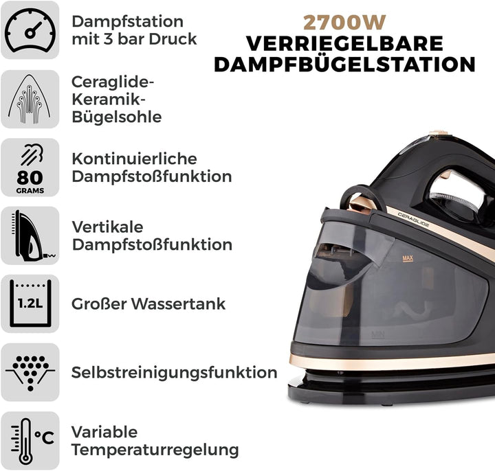 TOWER T22023GLDVDE IRON STEAM GENERATOR Dampfgenerator, Champagnergold und Schwarz Ceraglide Dampfbü