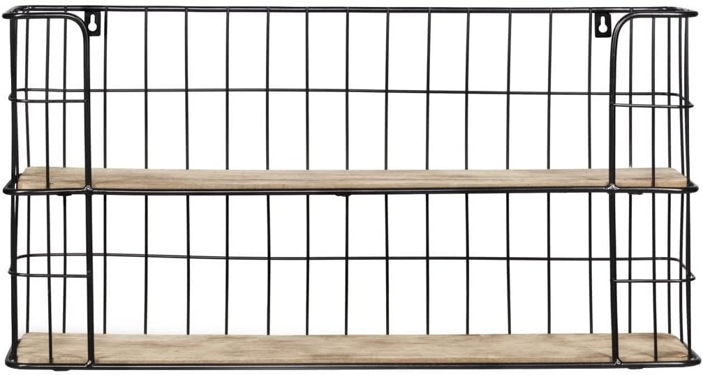 LIFA LIVING Vintage Wandregal aus Holz und Metall Schwarz mit 2 Böden-Holzregal-Natur Stil, Gewürzbo