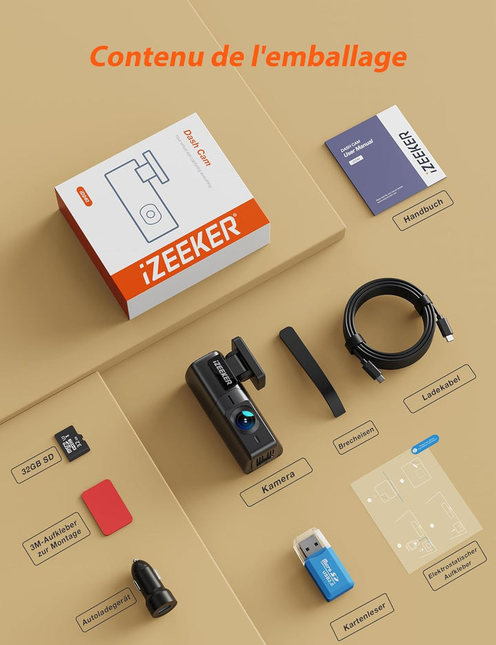 iZEEKER 2,5K Dashcam WiFi Dashkamera für Autos, Mini Auto Kamera 1440P Front Dashcam mit App-Unterst