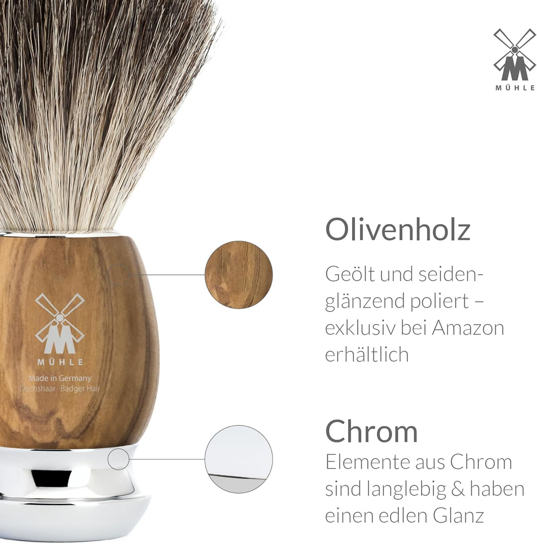 MÜHLE Vivo Rasierset kompatibel mit Gillette-Klingen, Dachshaar-Rasierpinsel, Halterung mit Schale -