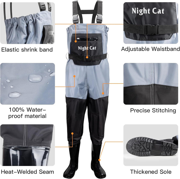 Night Cat Wathose Für Kinder Wathose mit Stiefeln wasserdichte Atmungsaktive Crosswater Waders Blau
