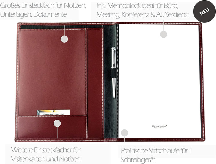 DELMON VARONE - Personalisierbare Schreibmappe DIN A4 aus Cambridge Top Grain Leder rot, Organizer K